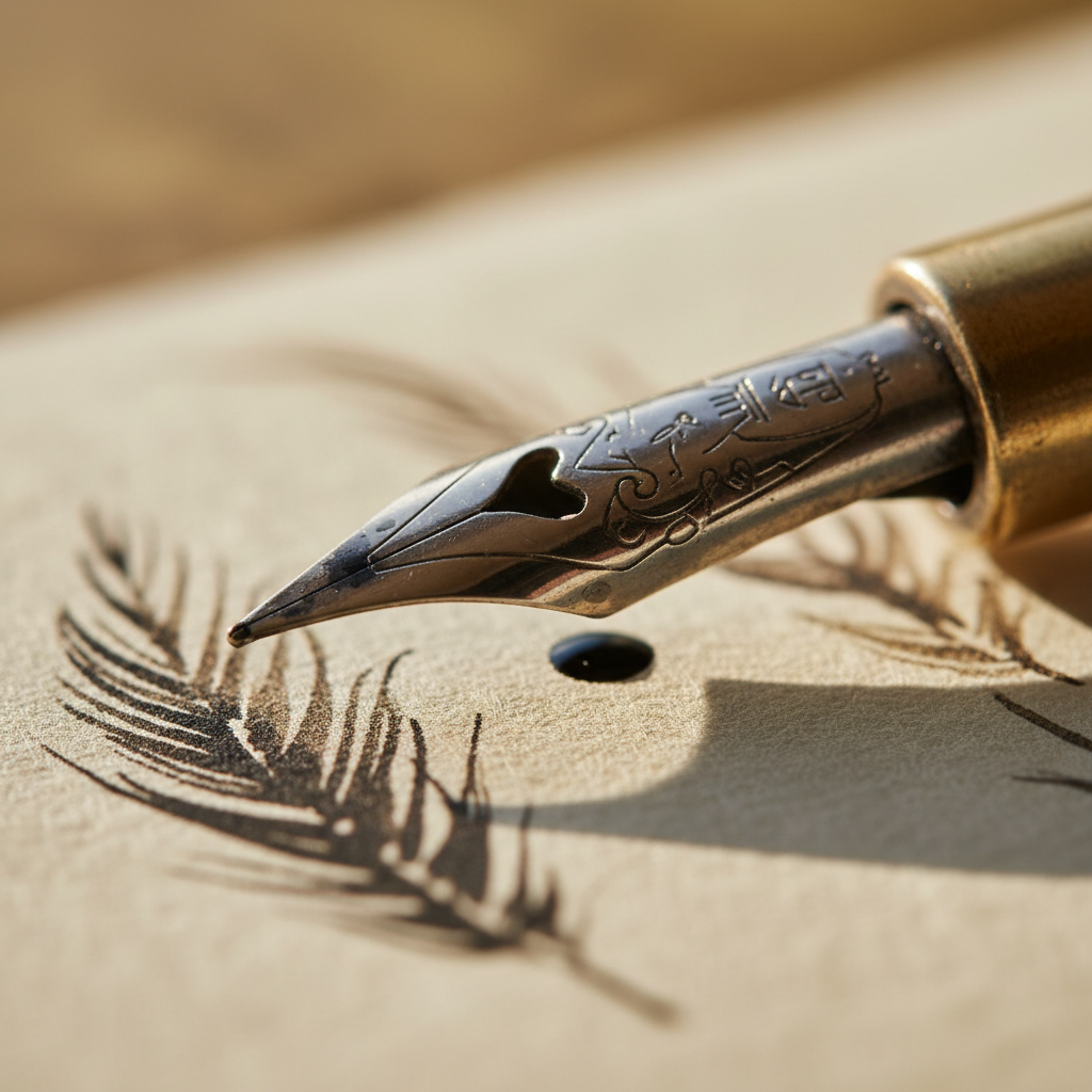 Extreme close-up of a flexible nib pen resting on cream paper with ink trails