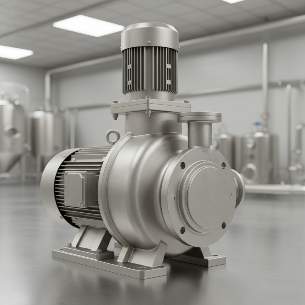 Pompe de piscine professionnelle en acier inoxydable sur fond blanc