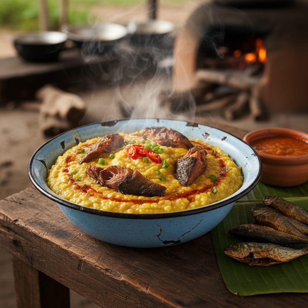Djenkoumé corn porridge with smoked fish in enamel bowl