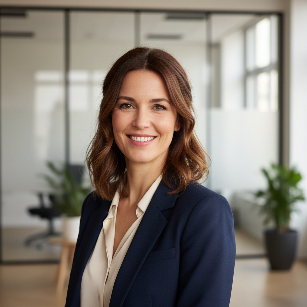 Professional French woman in business portrait, neutral background, confident expression