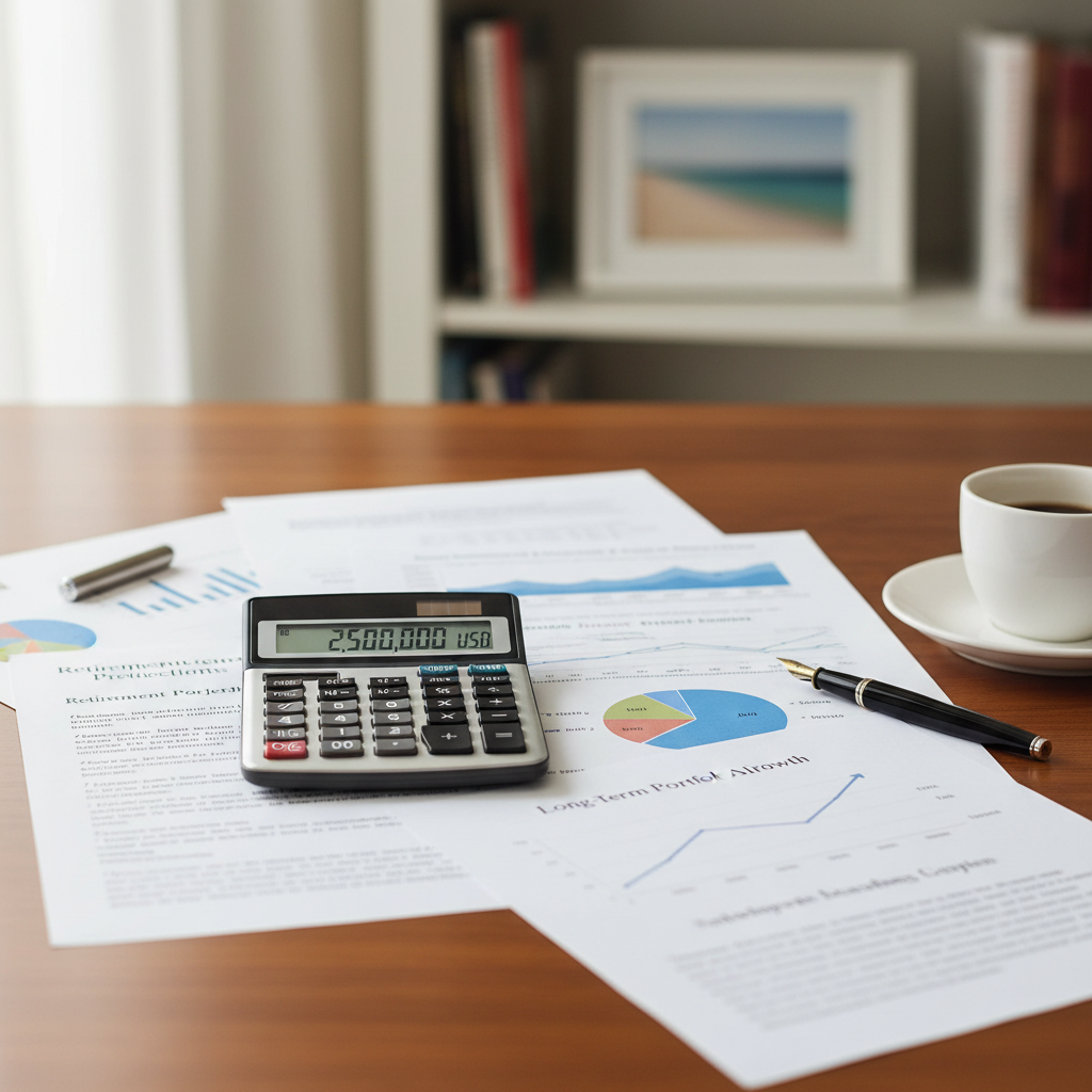 Retirement planning documents and calculator showing financial projections and savings goals