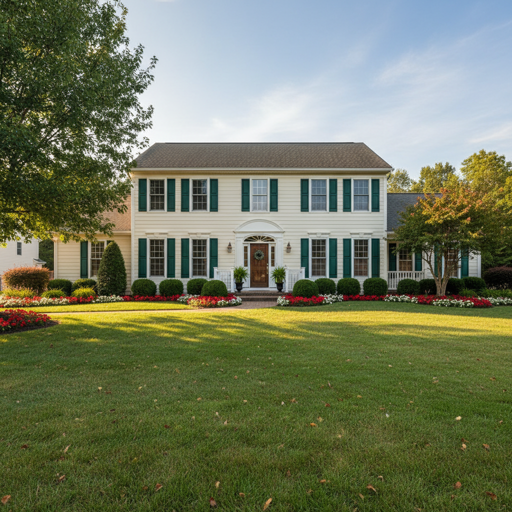 Beautifully maintained suburban home with green lawn and trimmed hedges