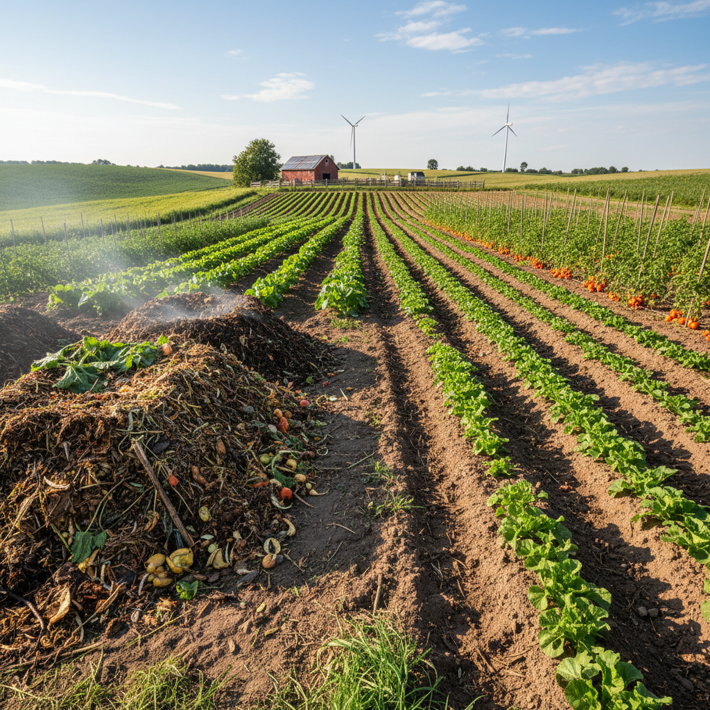 Compost pile on a farm with dark organic matter, shadowed farm building in background