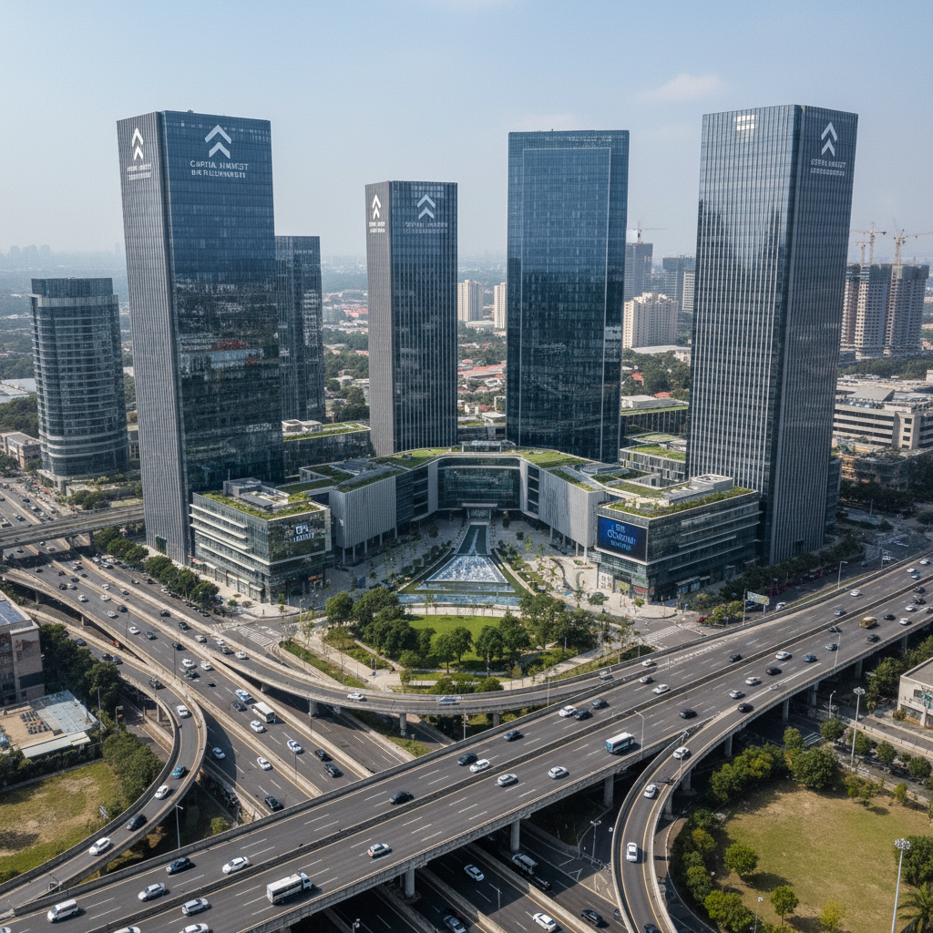 Construction site with workers in safety gear, concrete structure rising against clear sky