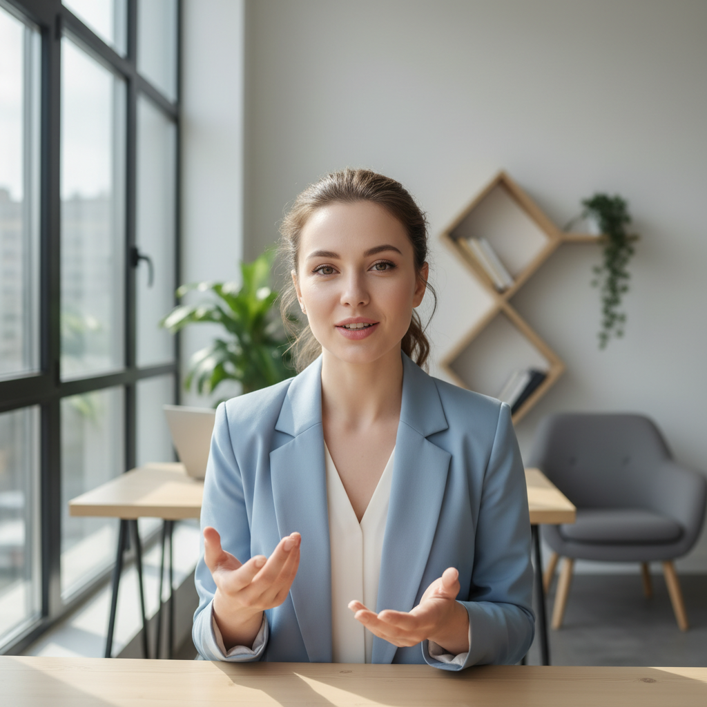 A professional recording a video resume in a modern workspace with soft natural light