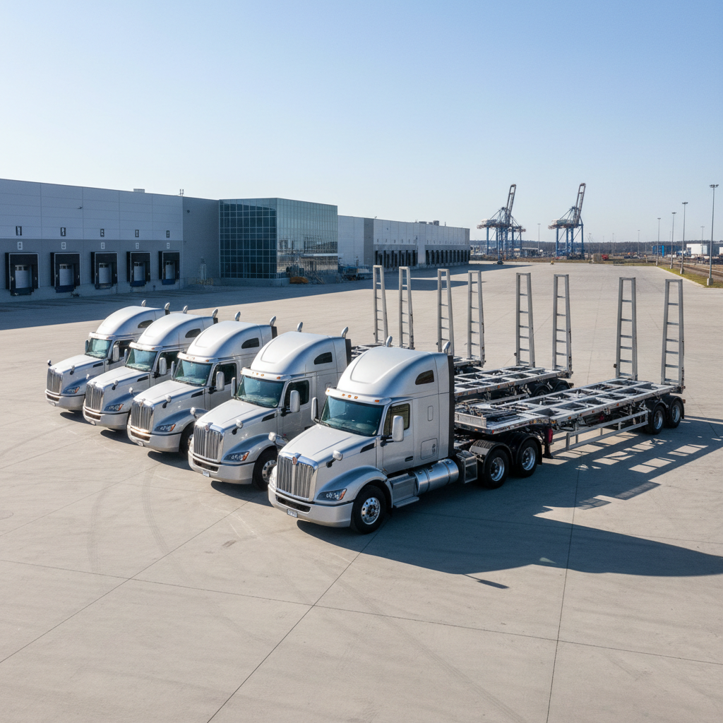 Modern fleet of specialized trucks including 40ft open trailers for container transportation