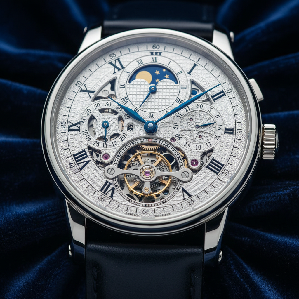 Platinum luxury watch with white dial on dark velvet, atmospheric side lighting