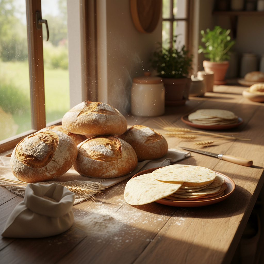 Fresh bread loaves and flour tortillas on a kitchen counter