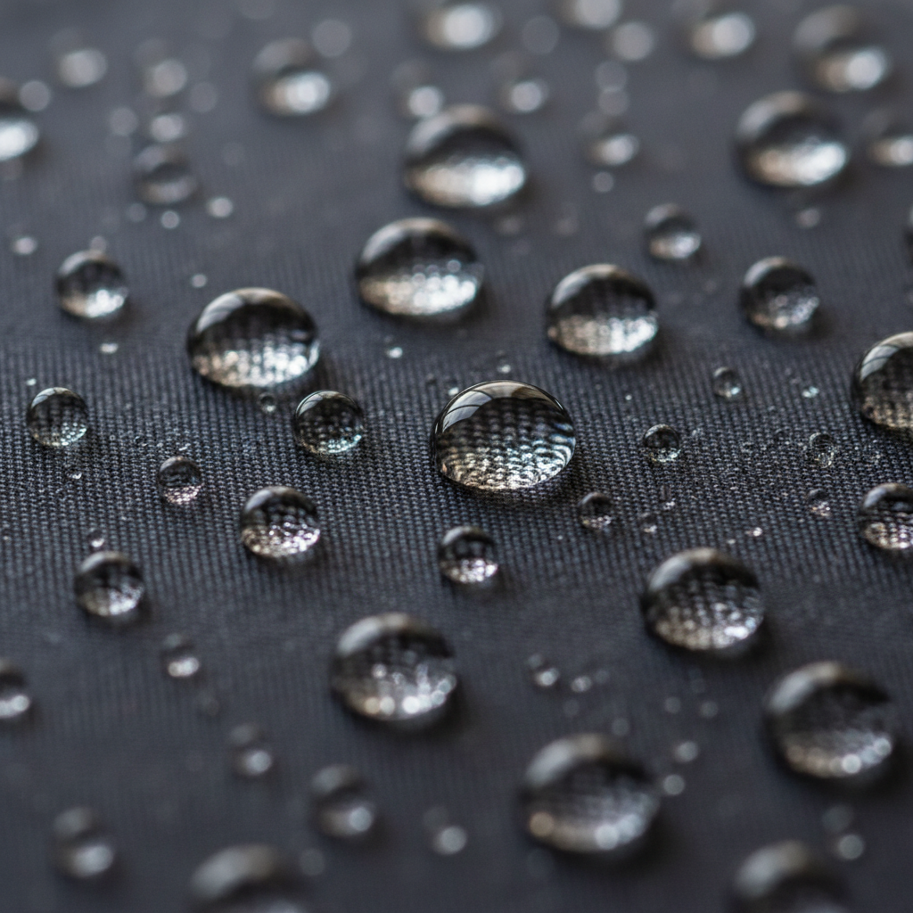 Close-up of water beading on treated dark fabric surface demonstrating hydrophobic coating