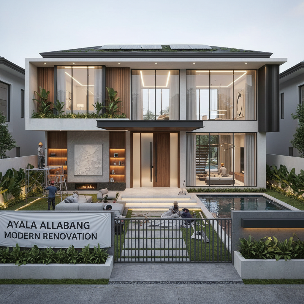Home renovation in progress with workers, bright construction site, modern upgrades