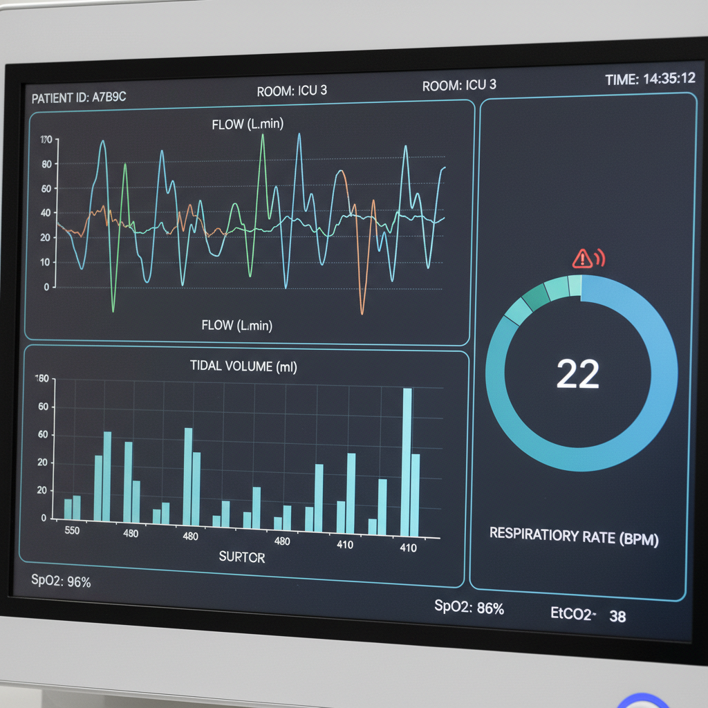 Medical data visualization on a clinical monitor showing respiratory pattern analysis charts