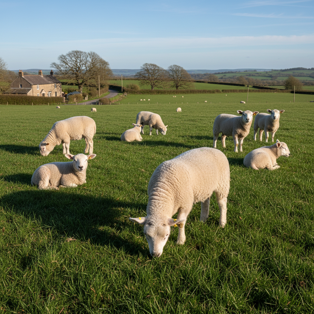 Texel cross store lambs in grassy field