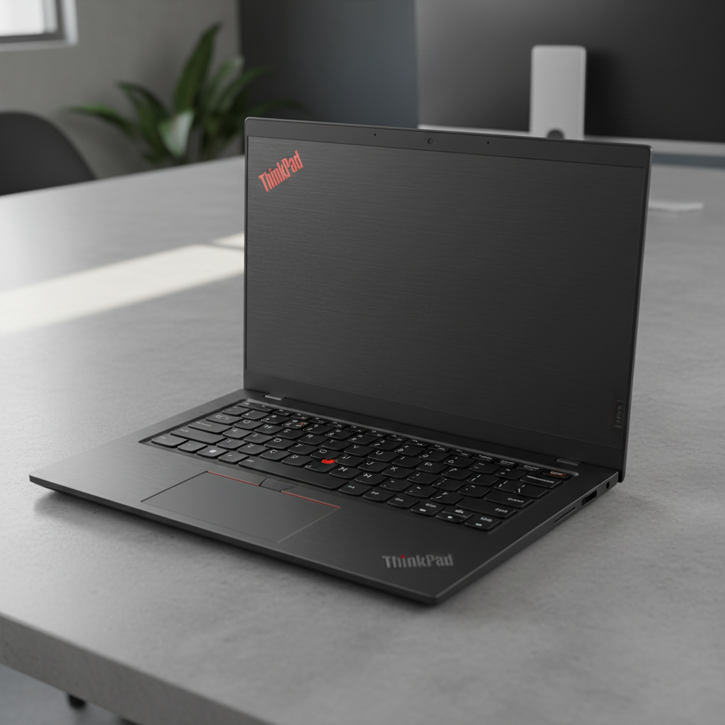 Lenovo ThinkPad laptop on wooden desk, dark chassis with red trackpoint, business professional laptop