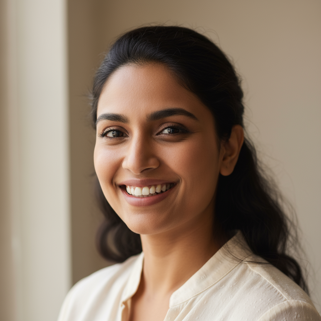 Indian woman with warm smile, soft natural lighting, professional portrait