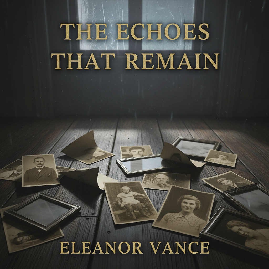 Moody literary book cover showing old family photographs scattered on dark wooden floor