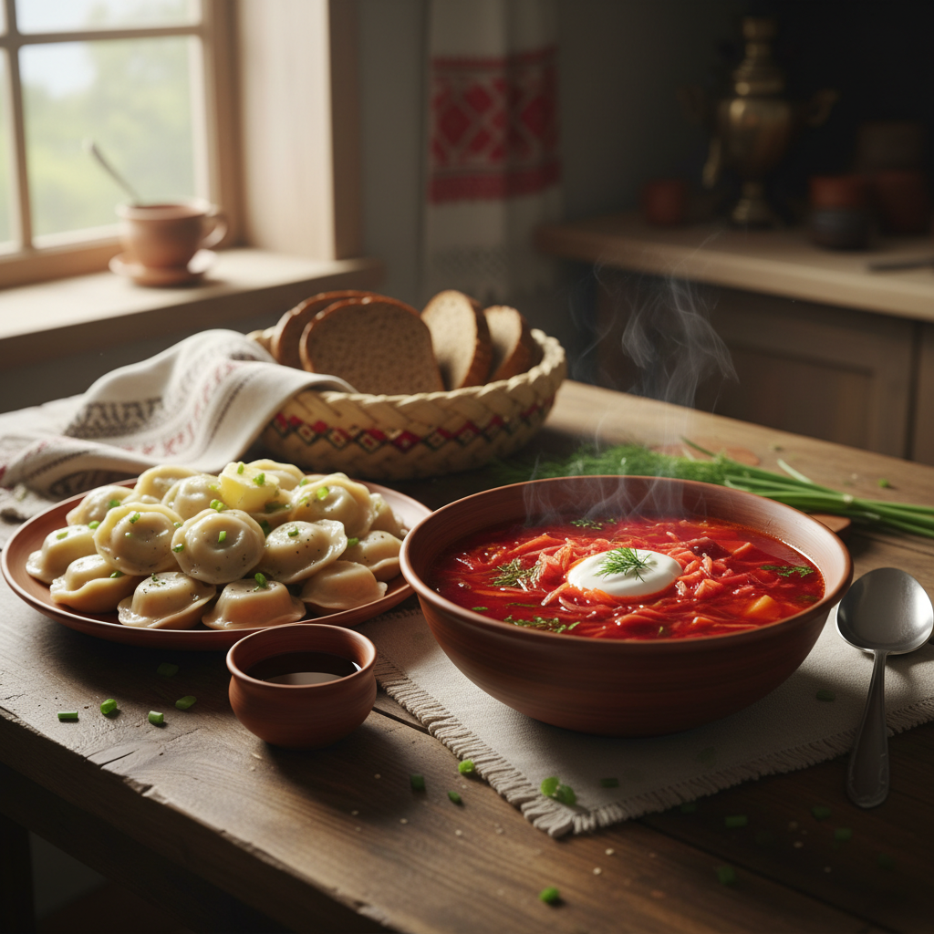 Overhead view of Ukrainian dumplings arranged on a rustic wooden table