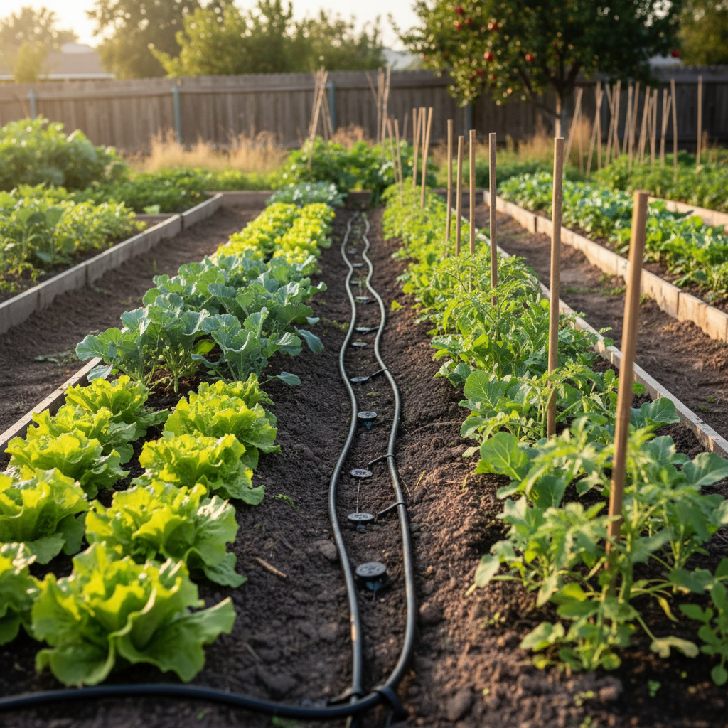 Drip irrigation emitters delivering water to base of vegetable plants in a greenhouse, green foliage background