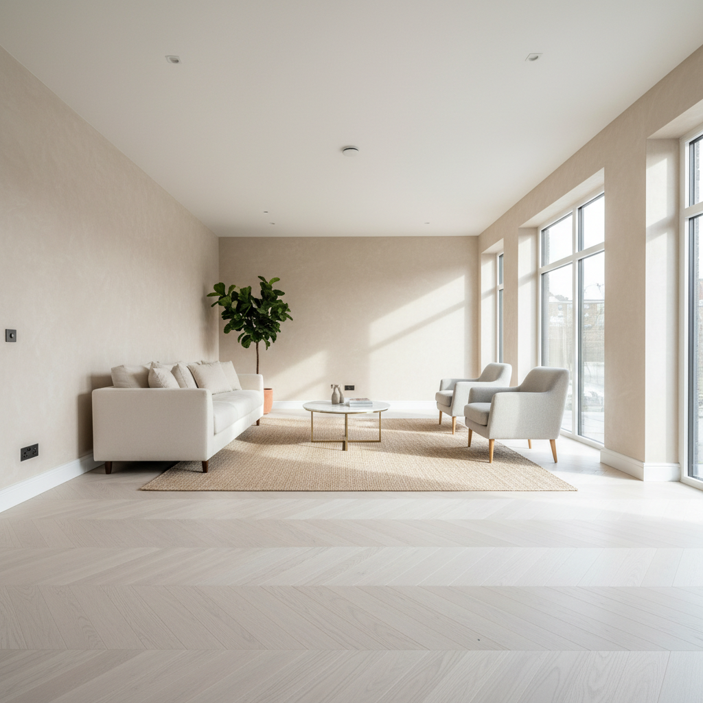 Renovated living room with white oak herringbone floors and plaster walls