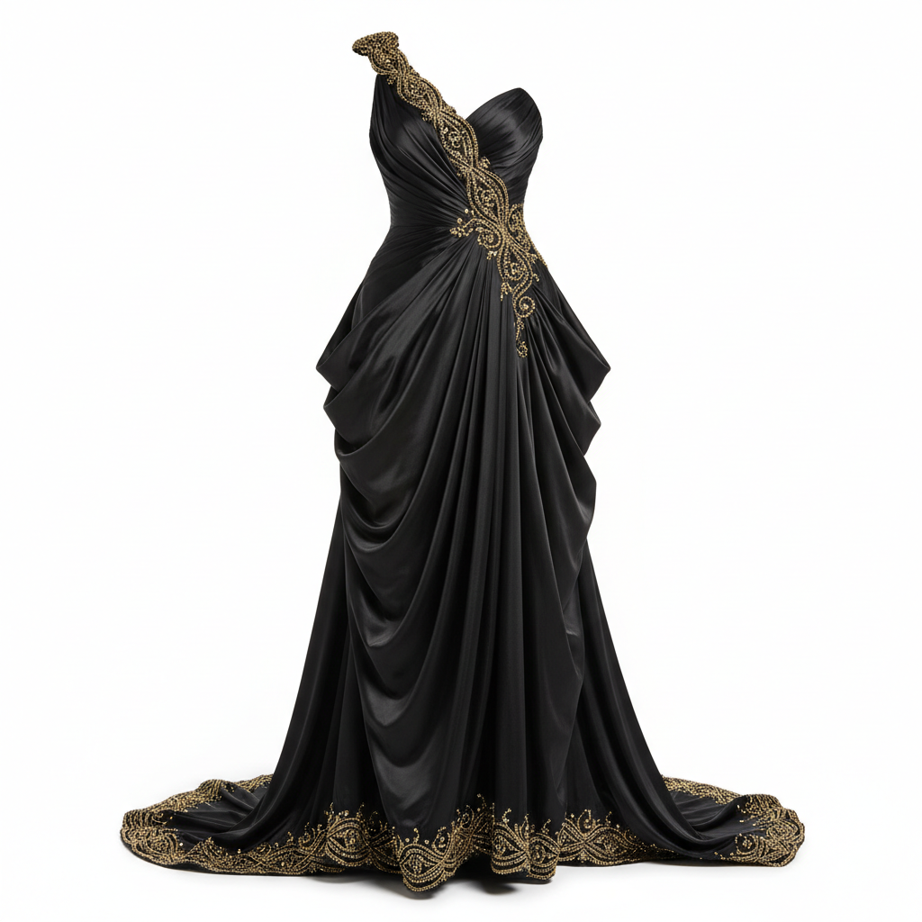 Luxury evening gown detail showing hand-sewn embellishments and silk draping