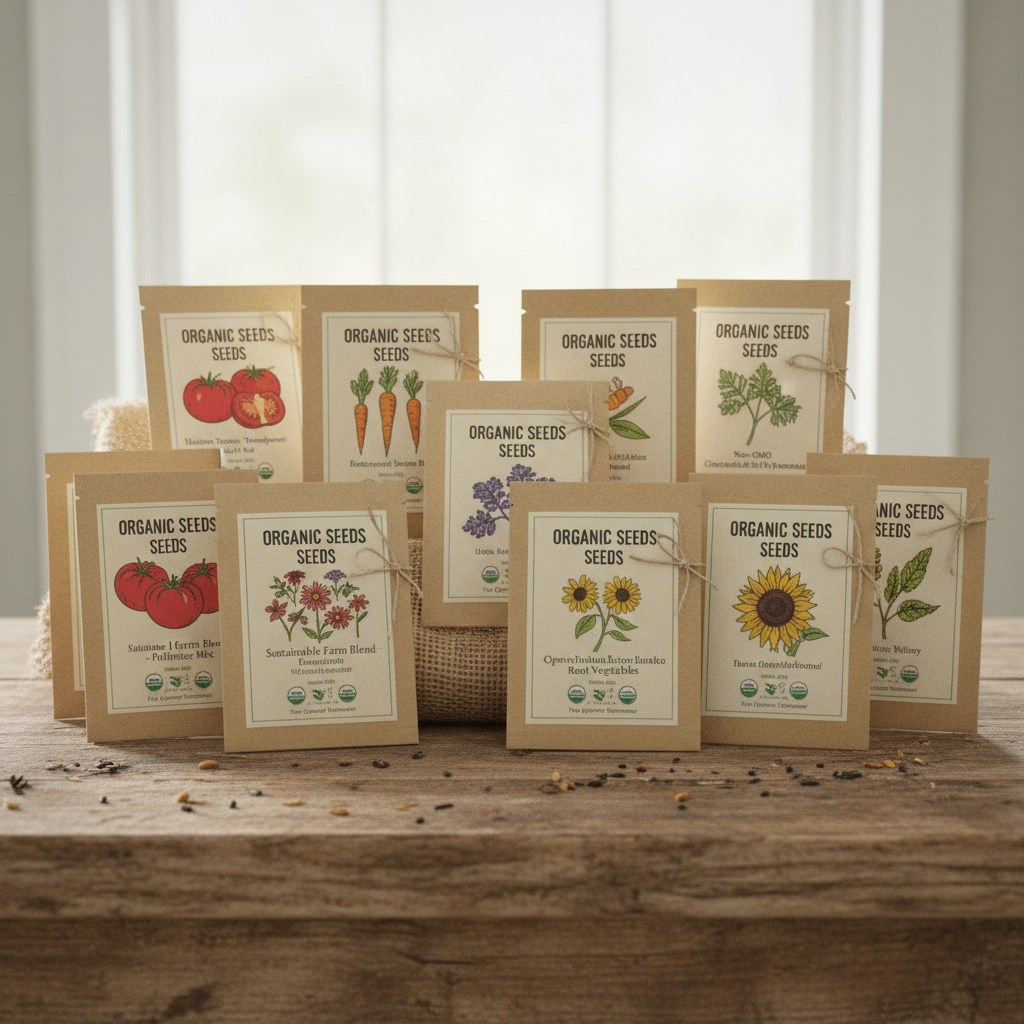 Organic vegetable seed packets arranged on a rustic wooden table with soil and small seedlings nearby