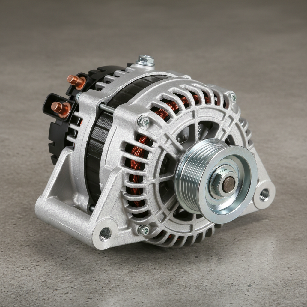Chrome alternator automotive component on dark background