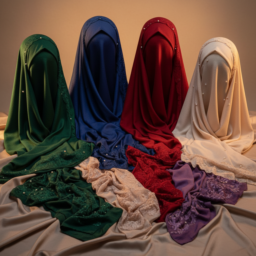 Artistic printed silk hijab with unique geometric patterns in warm earth tones