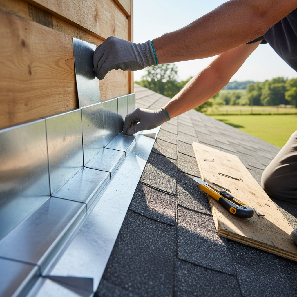 Steel step flashing being installed along a dormer wall junction