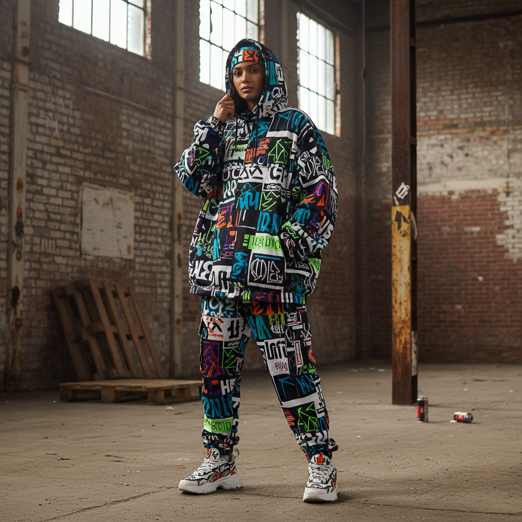Dark urban streetwear fashion editorial, industrial warehouse backdrop, moody low-key lighting with deep shadows