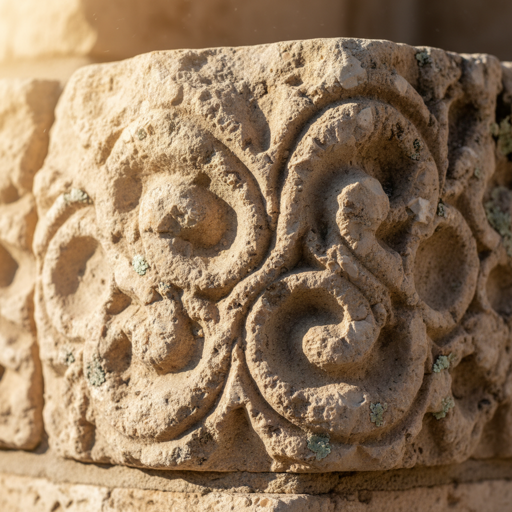 Close detail of single limestone element showing hand-carved surface