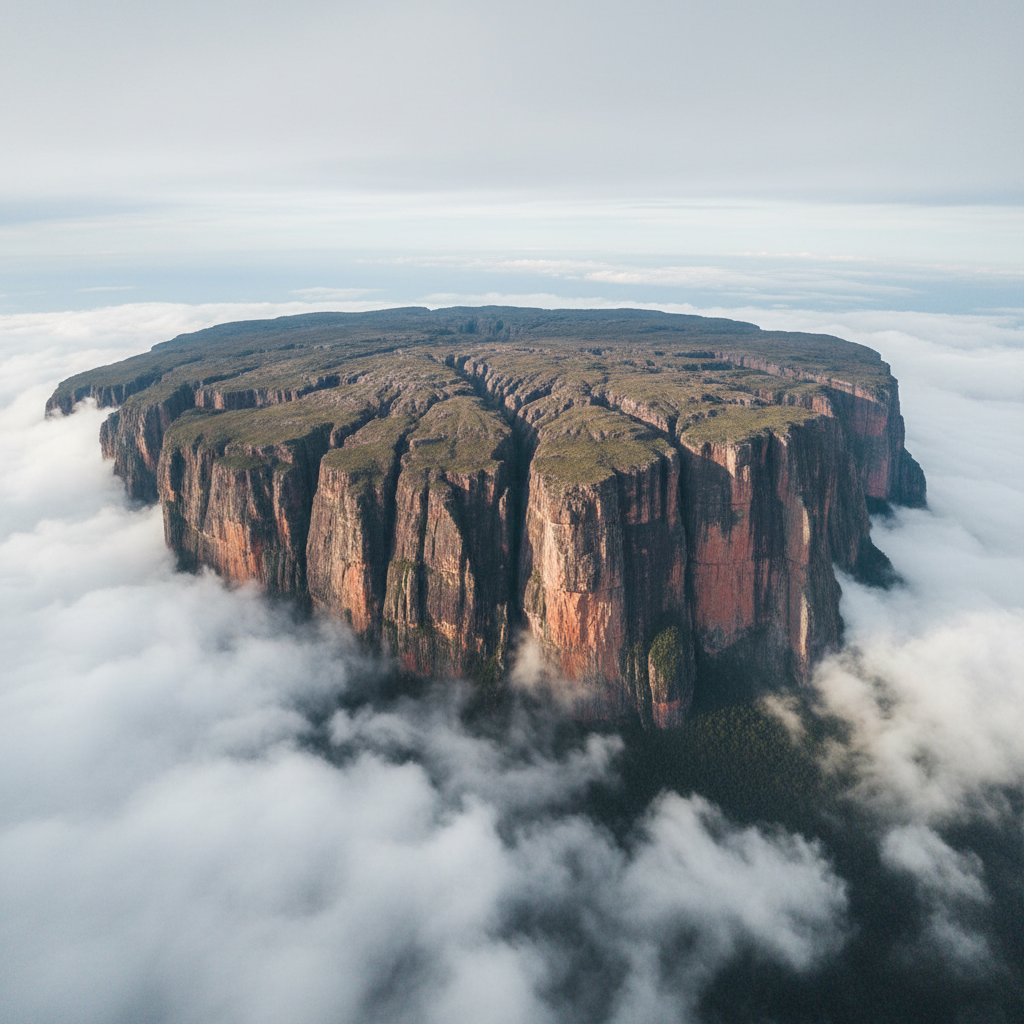 Monte Roraima, tepui tabletop mountain rising above clouds on Brazil-Venezuela-Guyana border