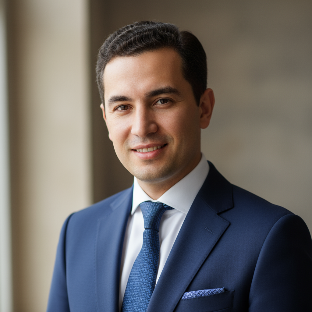 Professional headshot of Uzbek man in his 40s with short dark hair wearing navy blue suit and tie in modern office setting