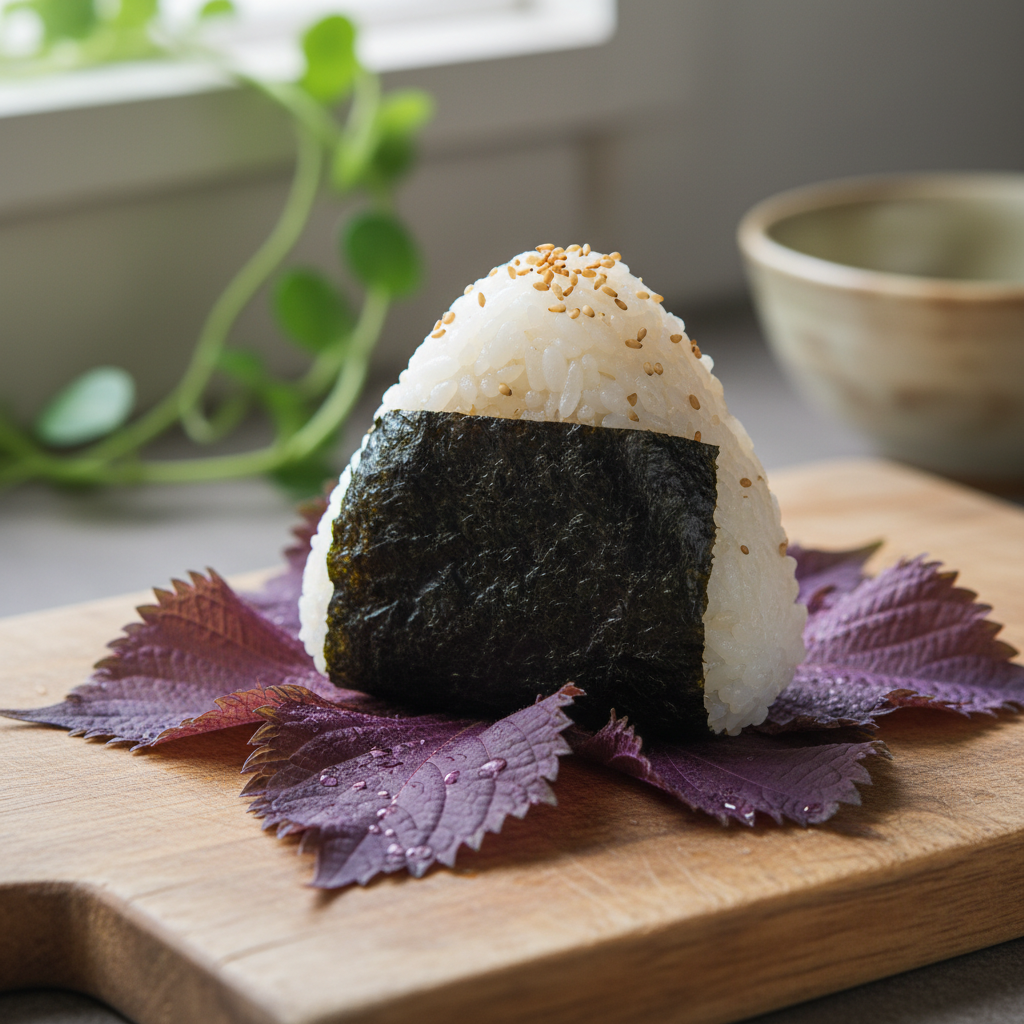 Triangle onigiri wrapped in dark nori with purple shiso leaves arranged on a wooden board, natural light