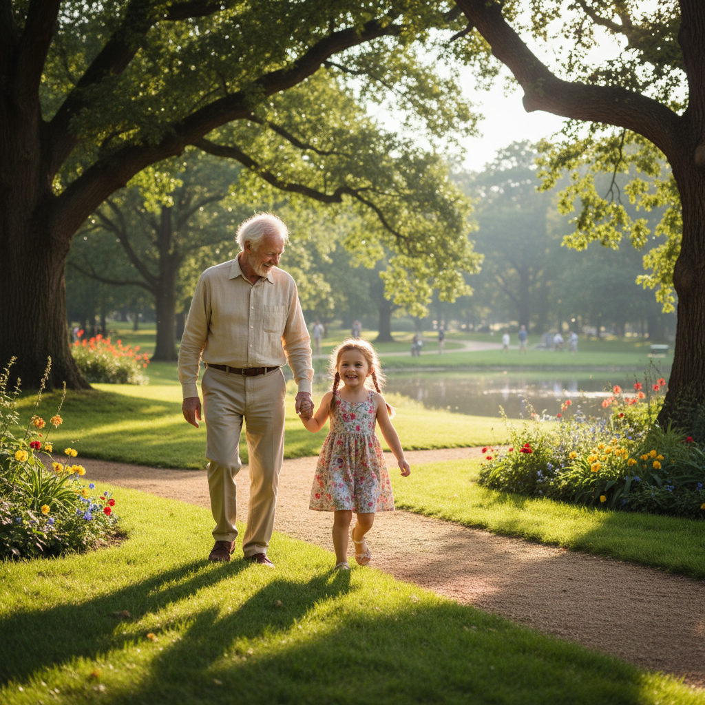Elderly man walking with young granddaughter in a park on a sunny morning