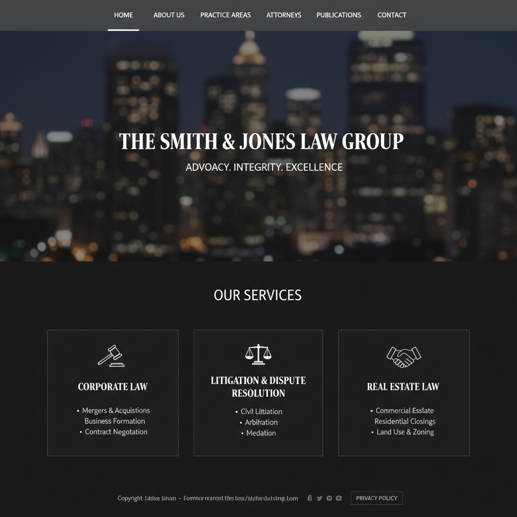 Professional law firm website, dark wood tones, authoritative atmosphere