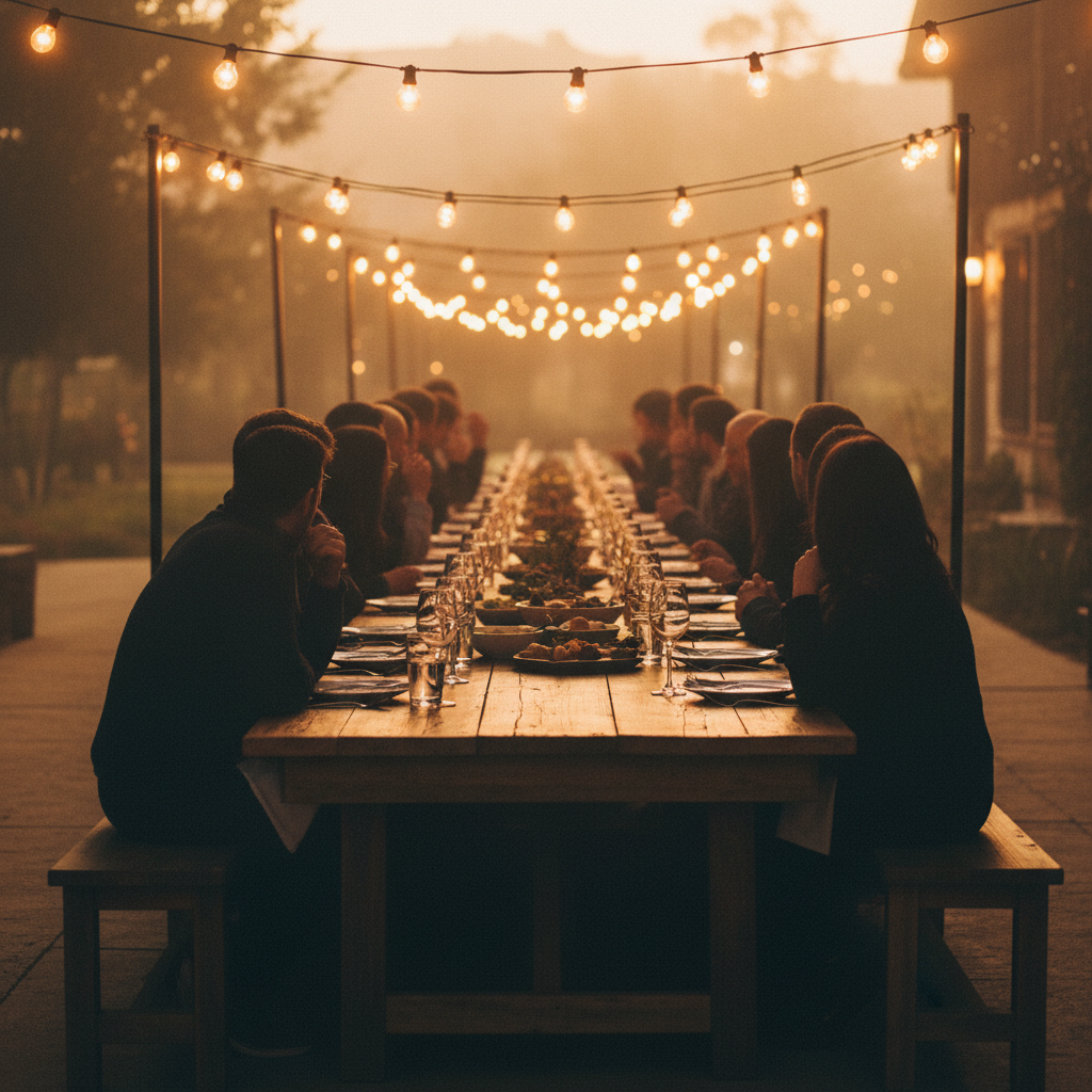 Long communal table set under Edison bulb string lights in converted warehouse with guests silhouetted