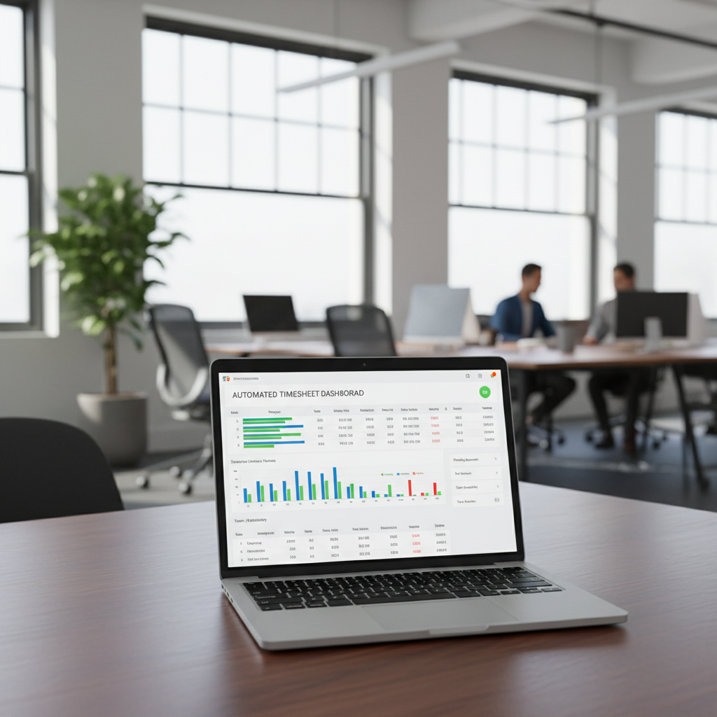 Clean dashboard interface on laptop screen showing time tracking data, bright modern office background, soft daylight