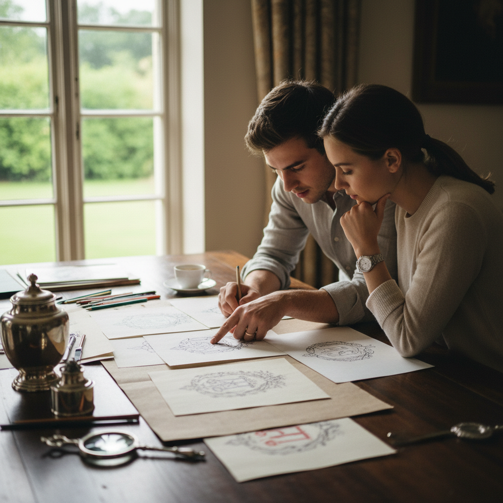 Couple reviewing crest design sketches on a desk with silver objects beside them