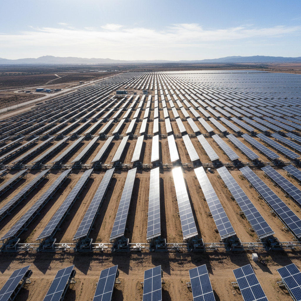 Expansive solar farm with bifacial panels and tracking systems under intense Spanish sun in Spain showing advanced renewable energy technology