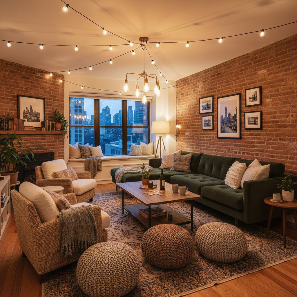 Affordable apartment living room with smart furniture choices and warm lighting