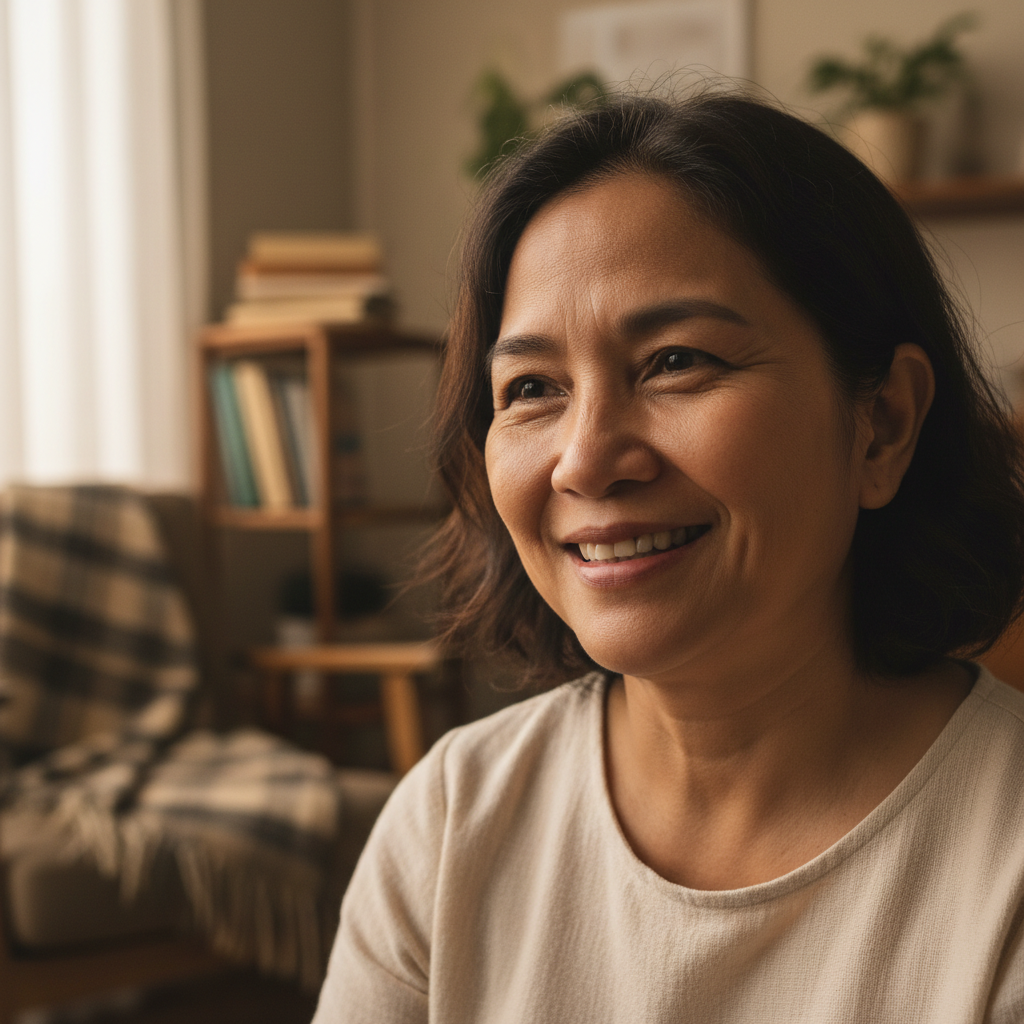 Filipino woman smiling warmly, short hair, natural light portrait