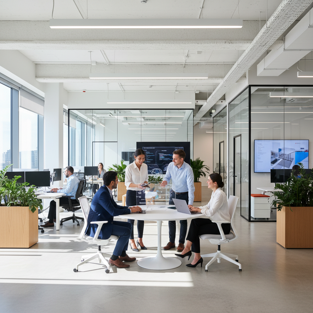 Diverse team collaborating around a table in a modern bright office, natural light, professional atmosphere, focused discussion
