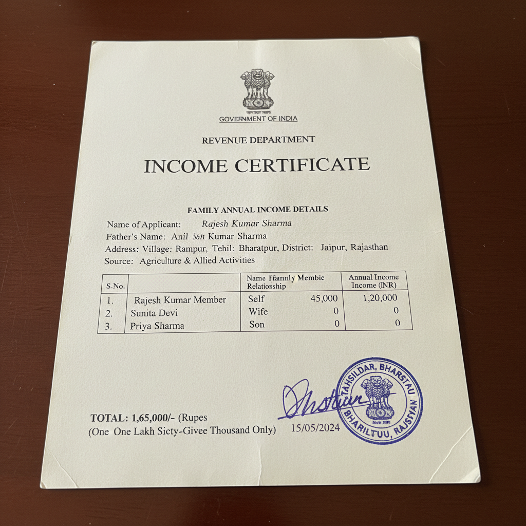 Income certificate official government document with signature and seal