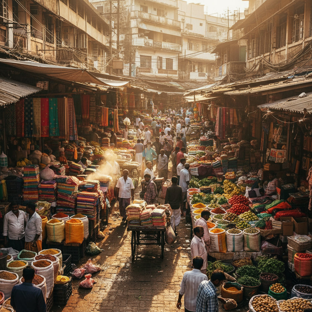 Overhead view of vibrant Indian street market with colourful spices, vegetables, and goods spread across stalls in bright daylight