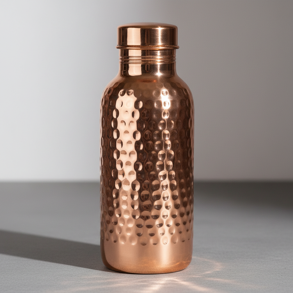 Handcrafted copper water bottle with engraved motif on white background