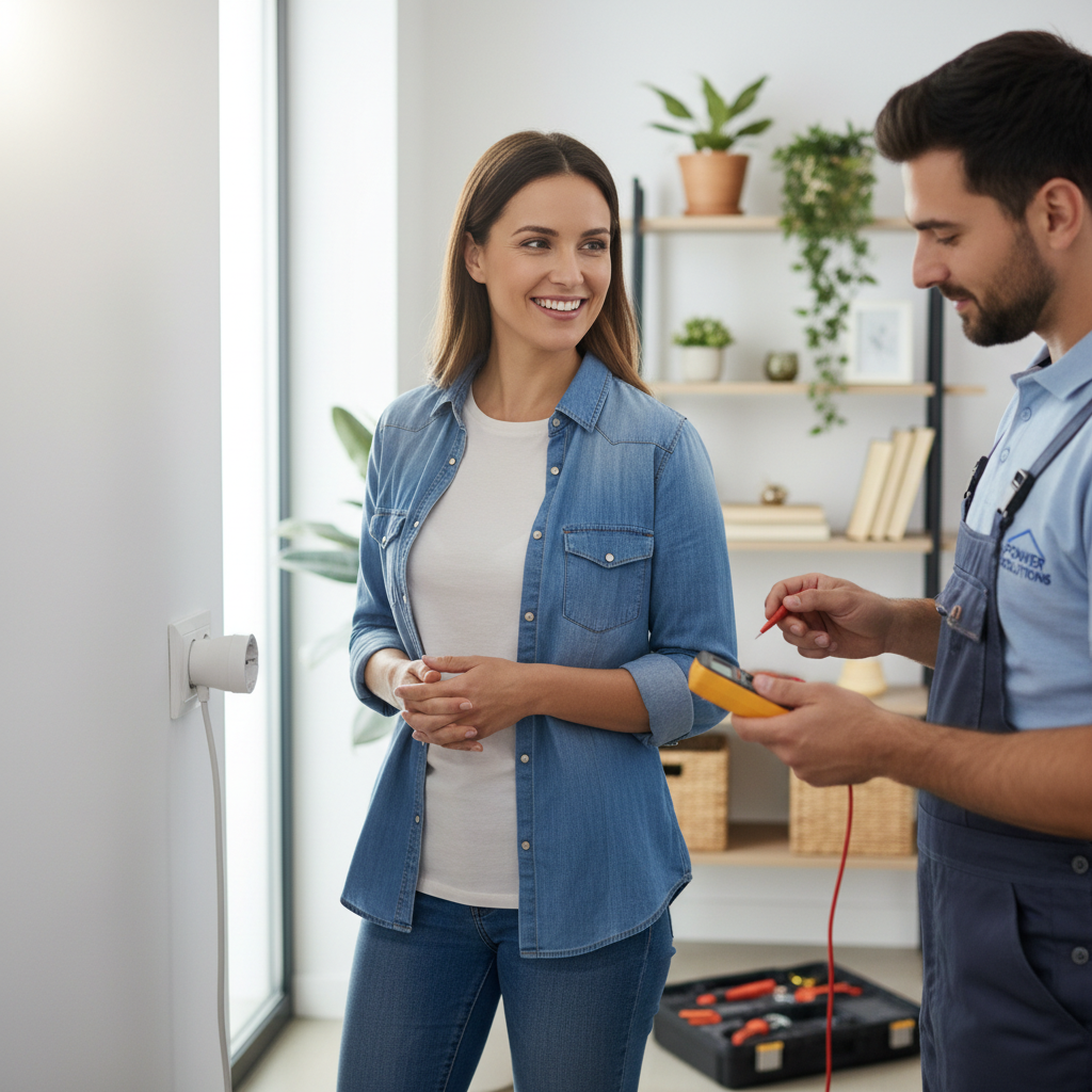Technician using a multimeter to test electrical voltage at a wall outlet