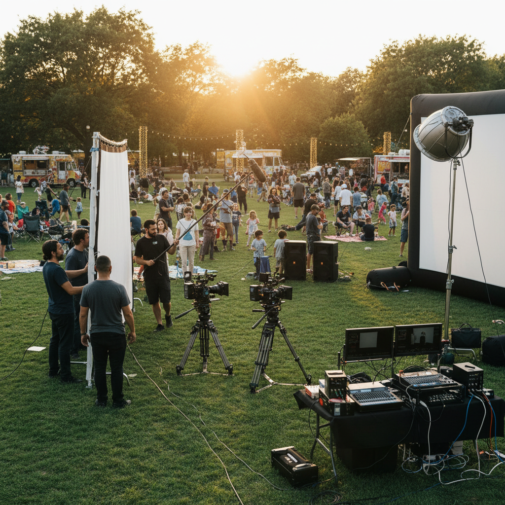 Film crew setting up equipment at a community screening outdoors