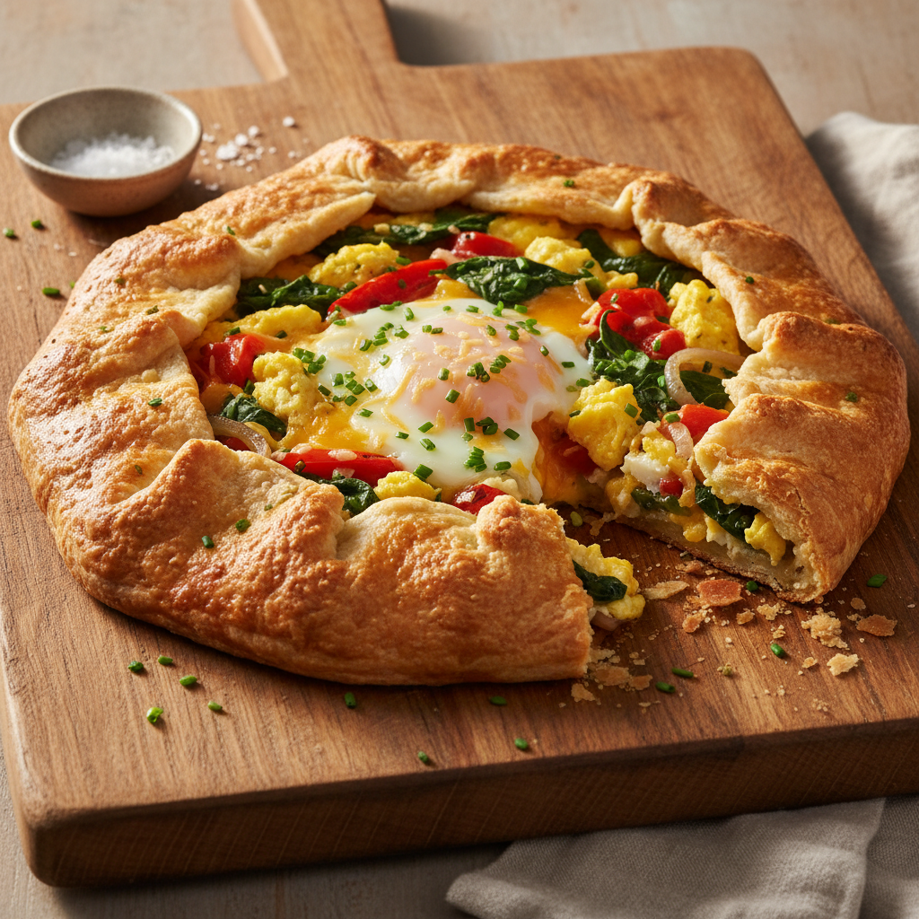 Rustic breakfast galette with eggs, cheese, and vegetables in a flaky crust