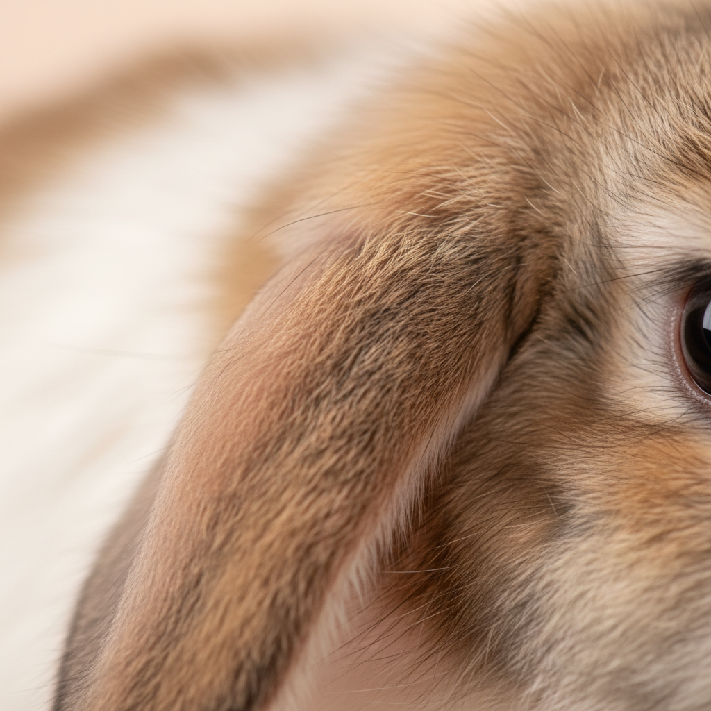 Extreme macro close-up of a Holland Lop rabbit ear showing individual fur fibers and pink skin beneath, studio lit