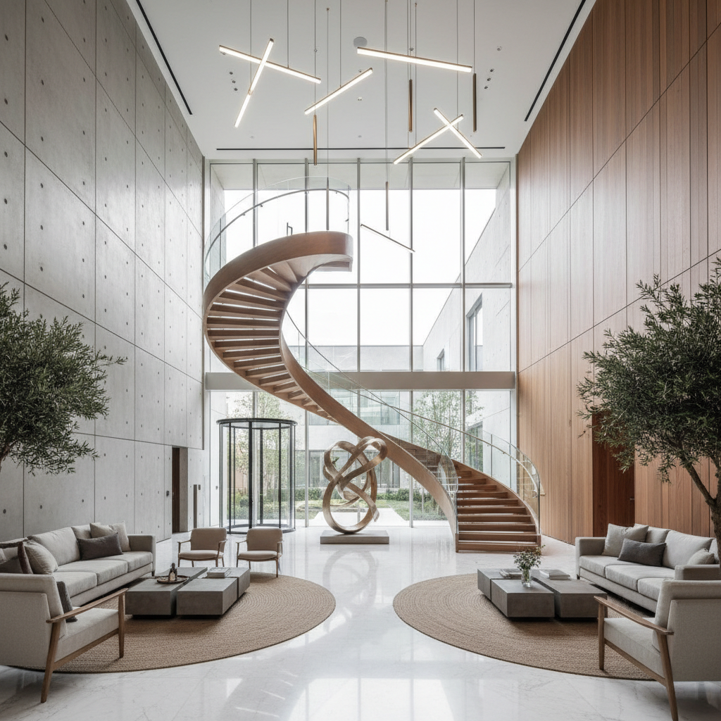 Sala principal con doble altura y escalera de diseño