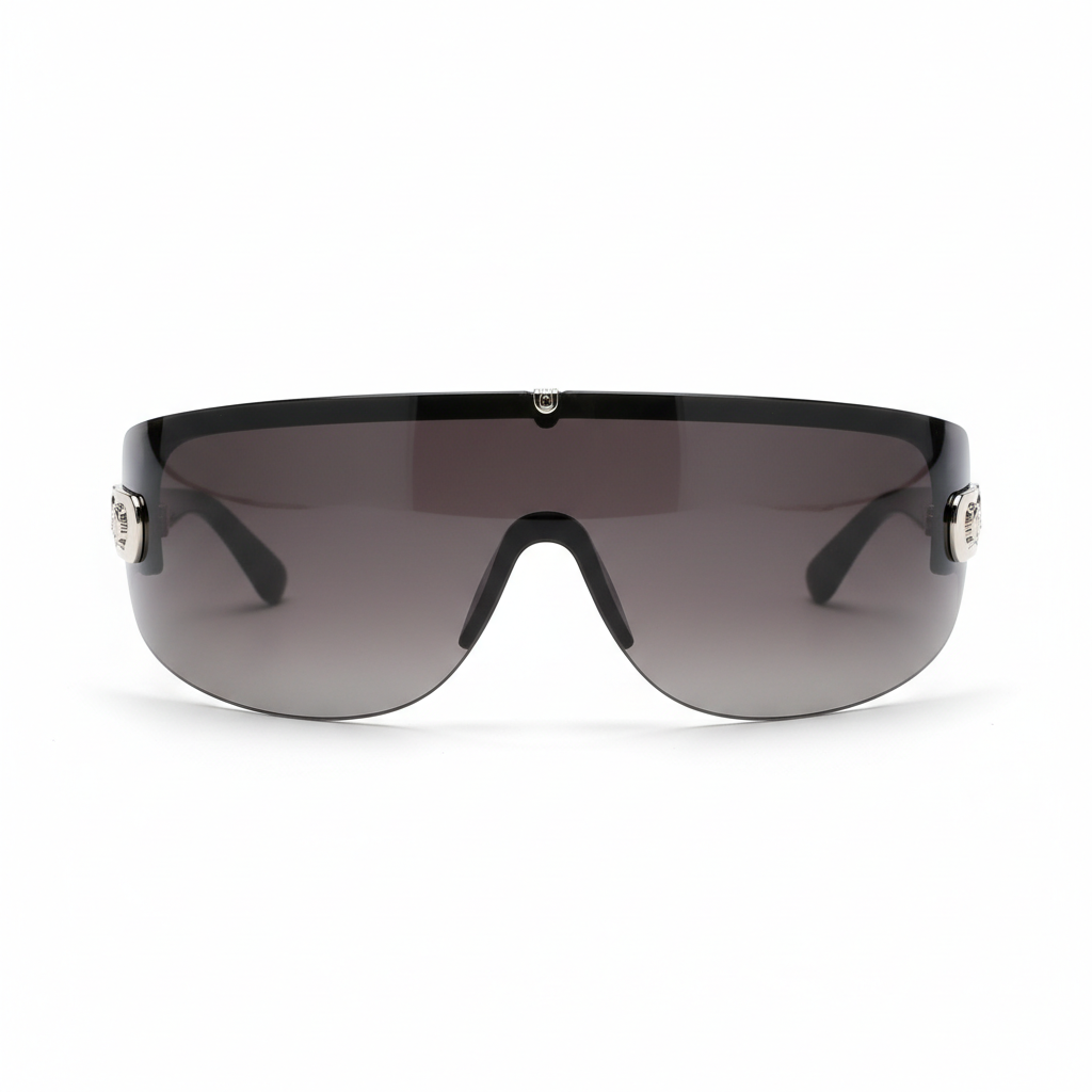 Large wraparound shield sunglasses in black acetate with silver hardware